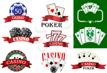 Casino emblems or badges depicting poker chips and cards, jackpot lucky seven, roulette decorated ribbon banners with text Casino or Poker for gambling or fortune concept design