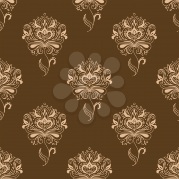 Oriental traditional paisley floral seamless pattern with dainty beige flowers ornate decorated pointed leaves and swirls on brown background for wallpaper or textile design