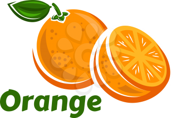 Orange fruits poster in cartoon style depicting whole and half of fresh juicy citruses with green stalk and leaf isolated on white background including caption Orange