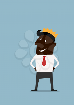Successful black businessman standing with hands on his waist wearing golden crown in cartoon style for leadership or success concept design
