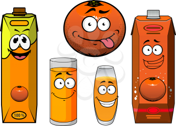 Fresh natural orange juice cartoon characters including teasing orange fruit, toothy smiling juice containers with screw caps and filled glasses isolated on white background
