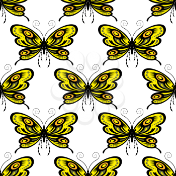 Butterflies seamless pattern showing fragile insects with bright yellow and orange tracery open wings and long curly antennae on white background for fabric and wrapping paper design