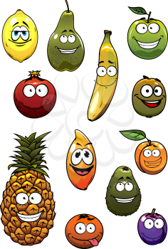 Happy apple, banana, orange, plum, avocado, pineapple, lemon, pear, kiwi, apricot, pomegranate fruits cartoon characters for healthy nutrition concept or vegetarian concept design