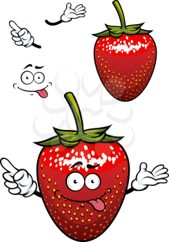 Teasing bright red strawberry fruit cartoon character with yellow seeds and playful smile for childish decor or food design