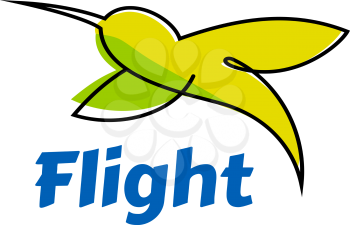 Abstract flying hummingbird logo or emblem showing small tropical colibri bird in yellow and green colors with blue caption Flight