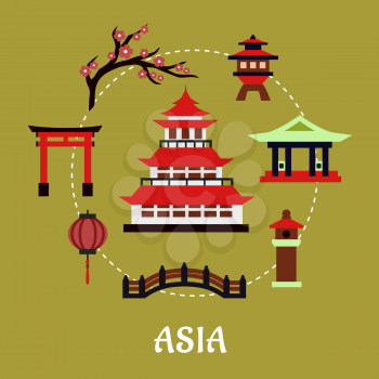 Japan travel infographic in flat style showing traditional japanese pagoda with red roof surrounded by blossoming branch of sakura, torii gate, paper lantern, temple and bridge on green background wit