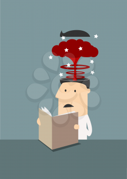Cartoon exhausted businessman sitting at table and reading documents with brain explosion in head due to overwork in flat style suited for burnout syndrome concept design 