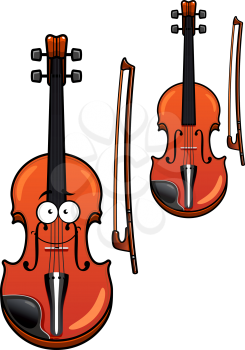 Smiling classic wooden violin cartoon character with bow isolated on white background for musical design