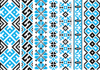 Embroidery seamless pattern with blue and black ethnic geometric ornaments for fabric border or needlework template design 