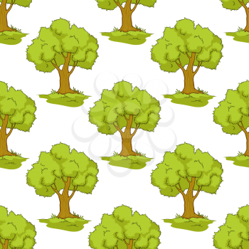 Cartoon forest seamless pattern showing trees with round green leafy crowns on white background