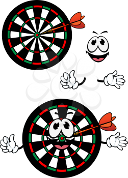 Cartoon smiling darts target character with colorful concentric numbered segments and dart arrow in the center for sports or leisure design