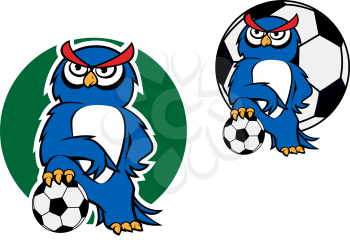 Cartoon blue owl standing with one leg on the soccer ball with a football ball on the background for sporting mascot or character design