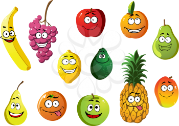 Colorful happy smiling cartoon fruits characters with banana, grape, apple, orange, pear, pineapple, lemon, avocado, apricot and mango