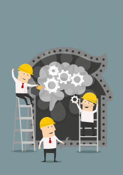 Teamwork and cooperation concept with three cartoon businessmen and builders in hardhats assembling a brain of cog or gear wheels in a silhouette of a head, may concept of brain repair