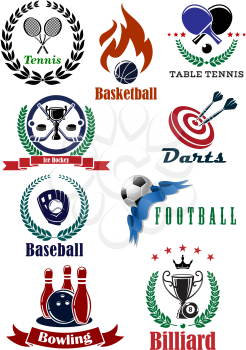  Set of sports tournament emblems and badges including tennis, basketball, table tennis, ice hockey, darts, baseball, football, bowling and billiards