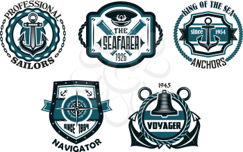 Retro nautical emblems or badges in blue colors with anchors, compass, captain cap, ancient spyglasses,  rope frames, chains, life buoy and shield