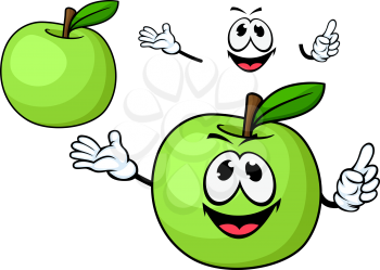 Cartoon ripe juicy green apple fruit character with bright green leaf on dry stalk and playful smile for natural food design