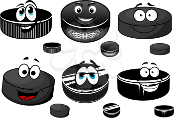 Black ice hockey rubber pucks cartoon characters with happy smiling faces for sporting mascot design