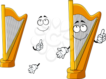 Cartoon yellow harp character showing polished wooden classic musical instrument with cute smiling face