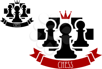 Black chess pawns on chessboard with red crown and ribbon banner with text Chess for sporting tournament badge or emblem design