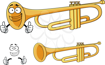 Happy smiling brass trumpet cartoon character depicting a rounded wind musical instrument with three piston valves for classical orchestra or music design