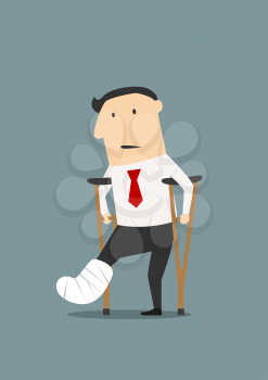 Unhappy injured cartoon businessman standing with crutches and showing cast on a broken leg for health insurance or rehabilitation concept design