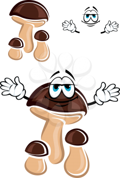 Cartoon brown forest mashroom character with funny face and hands for food or nature design concept