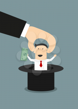 Cartoon boss takes out of a hat happy smiling businessman with money in hand suitable for human resources management or recruitment business concept