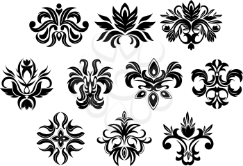 Retro ornamental floral elements of black flowers with dainty inflorescences and lush foliage isolated on white background