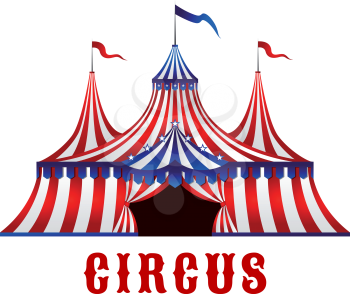 Vintage red striped circus tent in red, blue and white colors with flags on the top and stars over the entrance, for carnival or entertainment design