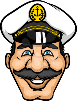Cheerful captain or sailor character with moustaches and white cap for nautical or marine design
