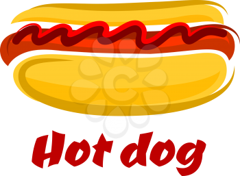 Delicious cartoon hot dog on a roll with a frankfurter sausage and ketchup and text Hot Dog below
