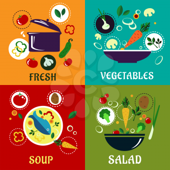 Healthy eating concept with fresh tomato, cucumber, broccoli, mushroom, potato, onion and herbs ingredients for the pot, a salad, a seafood soup and vegetable dish