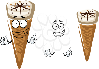 Cute cartoon summer ice cream character in a cone with a happy face and waving hands with a second plain variant with no face and separate elements for snack design