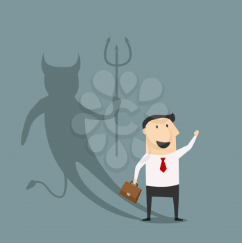 The Devil businessman concept with a cartoon businessman holding a briefcase and waving casting a shadow of a horned Devil showing his true personality
