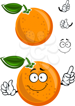 Happy juicy cartoon orange fruit with green leaf waving its hands and pointing with a second plain variant with no face and separate elements