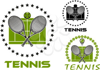 Black and green tennis game sports emblems or icons with crossed rackets, ball, stars, court and text Tennis