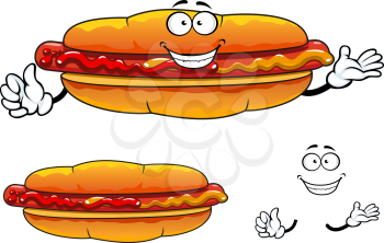 Joyful  hot dog cartoon character with grilled sausage, mustard and ketchup isolated on white background suited for barbecue party or fast food menu design