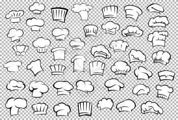 Classic chef toques and baker hats in outline sketch style on gray checkered background for restaurant or cafe kitchen staff uniform design