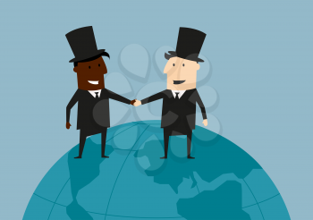 Cheerful black and caucasian cartoon businessmen standing on blue earth globe shaking hands and smiling each other suited for international business cooperation or partnership concept design 