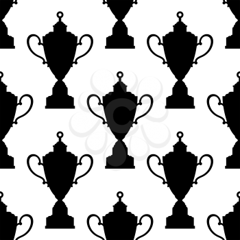 Seamless pattern with black silhouettes of trophy cups with decorated top on white background suited for sports design