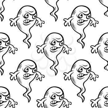 Funny little monsters or ghosts seamless pattern on white background for Halloween party design, doodle style