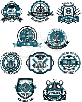 Marine and nautical heraldic emblems or icons in retro style with anchors, helms, lighthouse, compass, captain cap, spyglass, bell, rope and chains, lifebuoys with ribbon banners