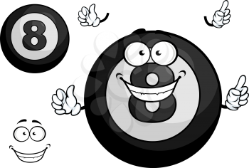 Billiard cartoon black eight ball mascot character with joyful smile showing upward isolated on white background for t-shirt print or sporting design