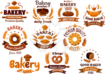 Brown bakery emblems, symbols and labels isolated on a white background, emphasizing daily fresh, best choice and premium quality