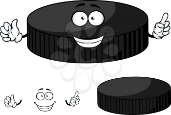 Happy cartoon hockey puck character with a beaming smile waving its hands isolated on white background