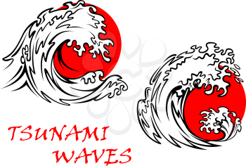 Two tsunami waves with red sun behind, for weather or east concept design