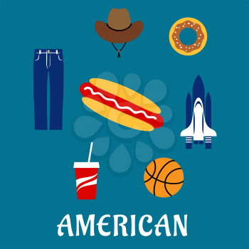 American flat symbols and icons with the space shuttle, hot dog, donut, takeaway coffee, basketball, blue denim jeans and cowboy hat