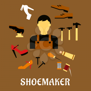 Shoemaker profession flat concept depicting shoemaker with awl, heels, hammer, glue, nails and shoes