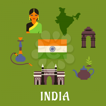 India culture and travel concept with colored icons of landmarks, woman in a sari, national flag, pot of tea and a hookah pipe